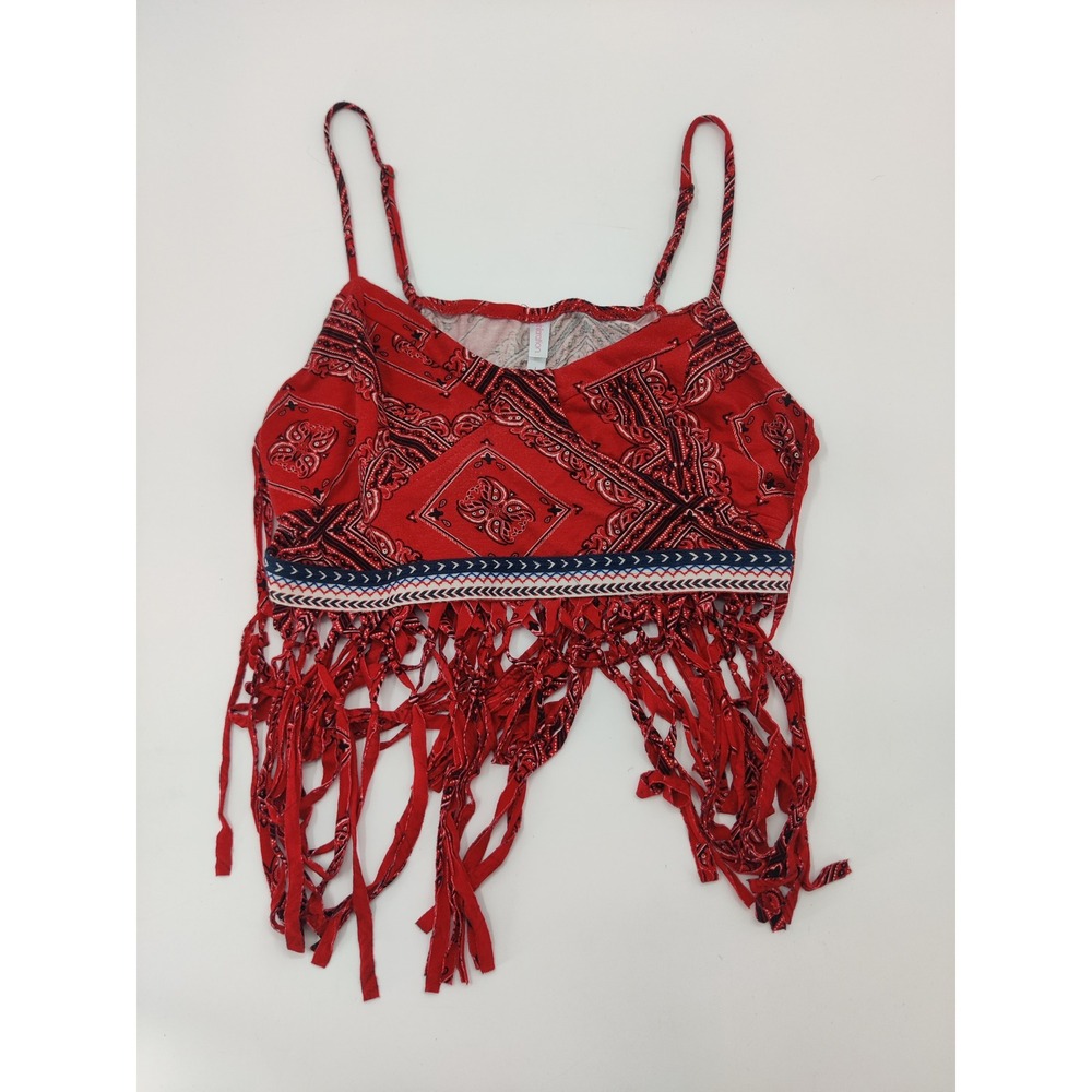 Xhilaration Red Bandana Print Fringe Crop Top Spaghetti Strap Boho Cami Large‎